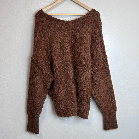 Free People Sweater Womens Medium Brown Icing V Pullover Fuzzy Oversized Boho - Picture 9 of 10